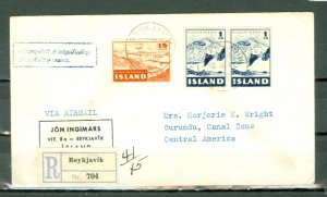 ICELAND 1947 REGISTERED AIR COVER to CANAL ZONE #C21,C24