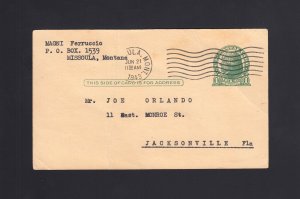 UX27 Postal Card 1943 Missoula, MT - DETAINED ALIEN to FL