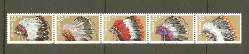 US Scott # 2501 - 2505  (2505a) American Indian Headdress Pane of 5