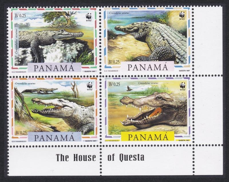 Panama WWF American Crocodile 4v Bottom Right Corner Block of 4 SG#1590-1593