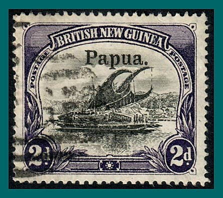 Papua 1906 Lakatoi, large opt, vert wmk, 2d used  #13,SG23