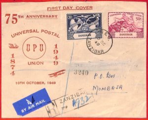 aa3836 - ZANZIBAR  - Postal History -  Registered Airmail FDC COVER 1944   UPU