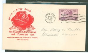 US 782 1936 Arkansas Territory Centennial (single) on an addressed FD Cover with an Ark Centennial Commission Cachet