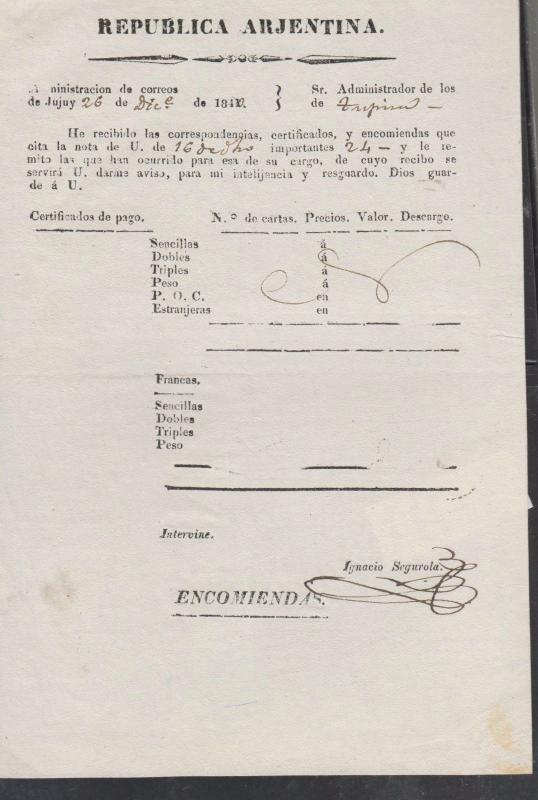 o) 1841 ARGENTINA, PAPER FROM POST OFFICE, CERTIFICADO DE PAGOS FRANCAS - ENCOMI