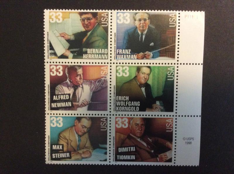 U.S.#3344a Hollywood Composers 33c Plate Block of 6, MNH. See Description