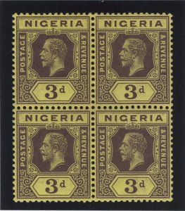 Nigeria 1914 KGV 3d purple/yellow (white back) block superb MNH. SG 5. Sc 13.