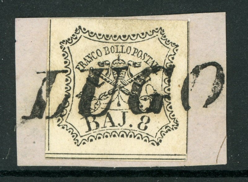 Italy 1852 Papal States Sc#9 Lugo Cancel on Piece Signed on Back F879