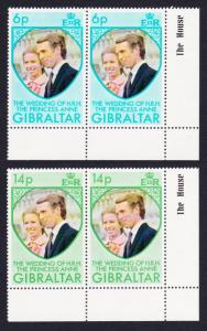 Gibraltar Royal Wedding Princess Anne 2v Corner pairs with margins SG#323/24