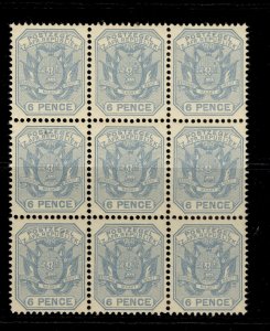 SOUTH AFRICA - Transvaal QV SG210 6d pale dull blue NH MINT. Cat £36. BLOCK OF 9