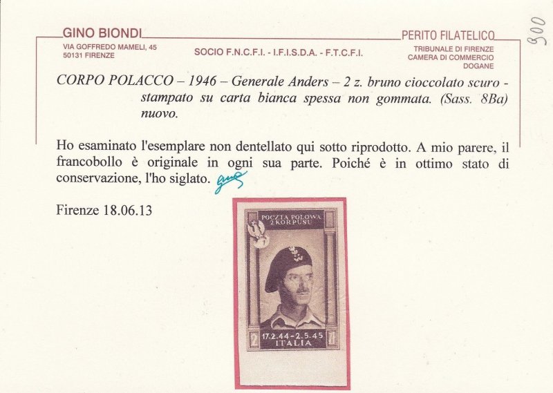 1946 POLISH CORPS, No. 8Ba 2z. dark chocolate brown THICK PAPER (*)
