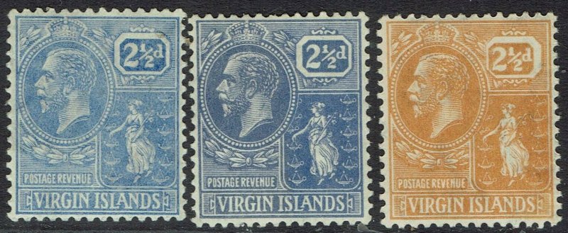 BRITISH VIRGIN ISLANDS 1922 KGV BADGE 21/2D ALL 3 COLOURS