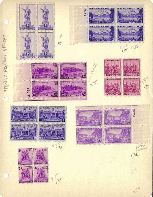 799/837 Mint,OG,HR... Plate Blocks and Blocks of 4... SCV $11.90