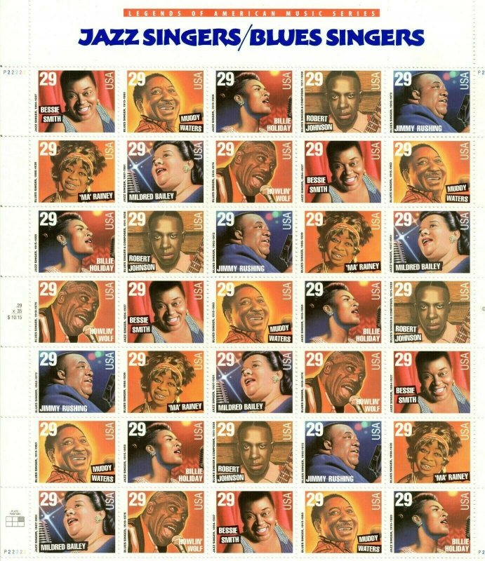 Blues and Jazz Singers Sheet of Thirty Five 29 Cent Stamps Scott 2854-61