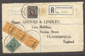 German East Africa, British Occupation, 1920 R-Cover to Huddersfield, England