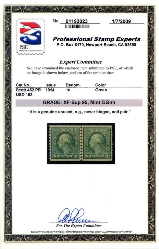 US SCOTT #452 PAIR MINT-XF-SUP-OG-NH GRADED 95 W/ PSE CERT SMQ $220 (8/1/24 GP)