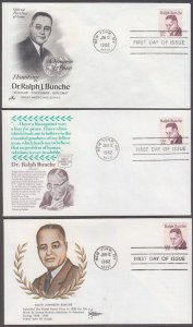 USA # 1860 SET of 3 DIFF FDCs, RALPH BUNCHE, NOBEL PEACE PRIZE WINNER