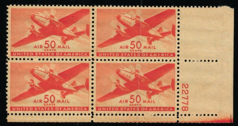 Scott #C31 VF/XF - 50c Orange - Plate Block of 4 - MNH - 1941