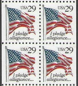 1992 - I Pledge Allegiance Partial Pane of 4 29c Postage Stamps, Sc# 2593, MNH