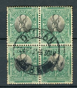 SOUTH AFRICA; 1930s early Springbok issue fine used 1/2d. Postmark BLOCK of 4