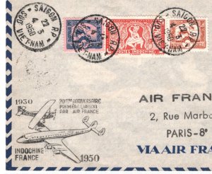 France Cols INDOCHINA Air Mail Cover FIRST FLIGHT ANNIV. Saigon Paris 1950 MA803