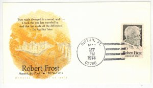 1974 ROBERT FROST #1526 RARE RIPTON VERMONT 2nd DAY CANCEL (PM Would Not Do 1st)