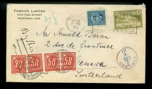 NICE T150 then T180 centimes postage due 1947 to SWITZERLAND cover Canada