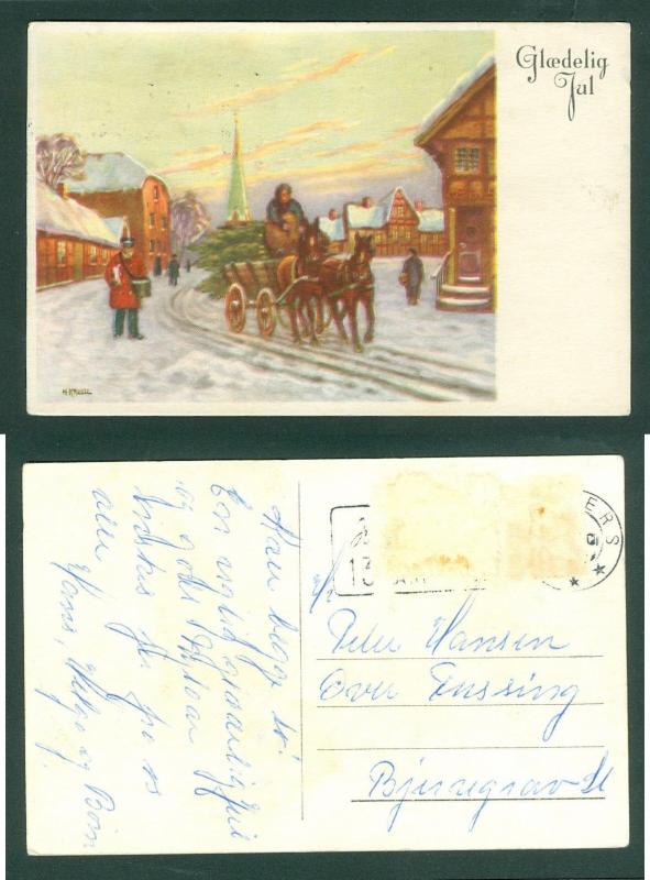 Denmark. Christmas Card 1930es. Postman Deliver Mail. Horses Wagon. Posted