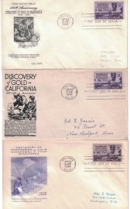#954 FDC, 3c California Gold Centennial, 3 diff. cachets