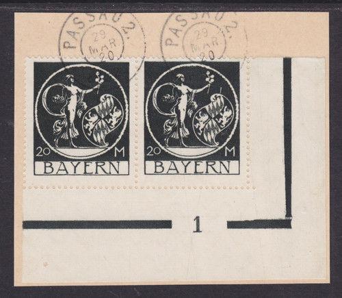 Bavaria Mi 195, 195I used 1920 20mk Genius Sheet Corner Pair on Small Piece VF 