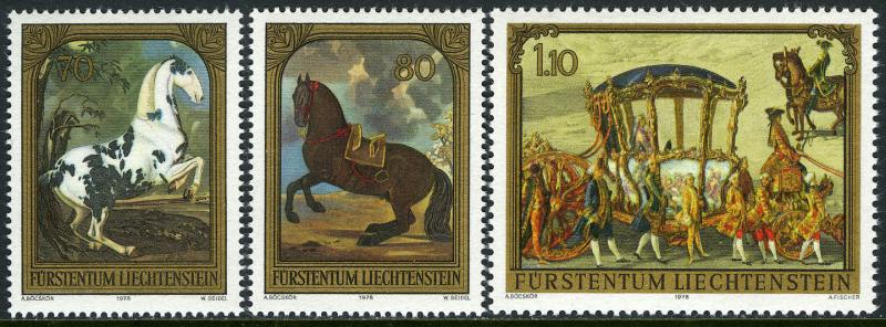 Liechtenstein 660-662, MNH.Horses:Piebald,Golden Carriage,Blk.Stallion, 1978