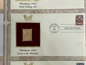 Set Of 5, 1995 First Day Cover Christmas Santa 32c Stamps W/22k Gold Replicas