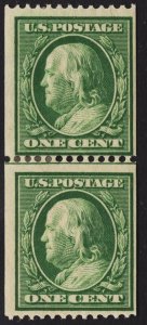 US #385 One Cent Green Franklin Coil Guide Line Pair MINT HINGED SCV $400