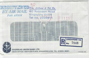 Singapore 1980 Overseas Union Bank Ltd Registered Airmail Stamp Cover Ref 29739 