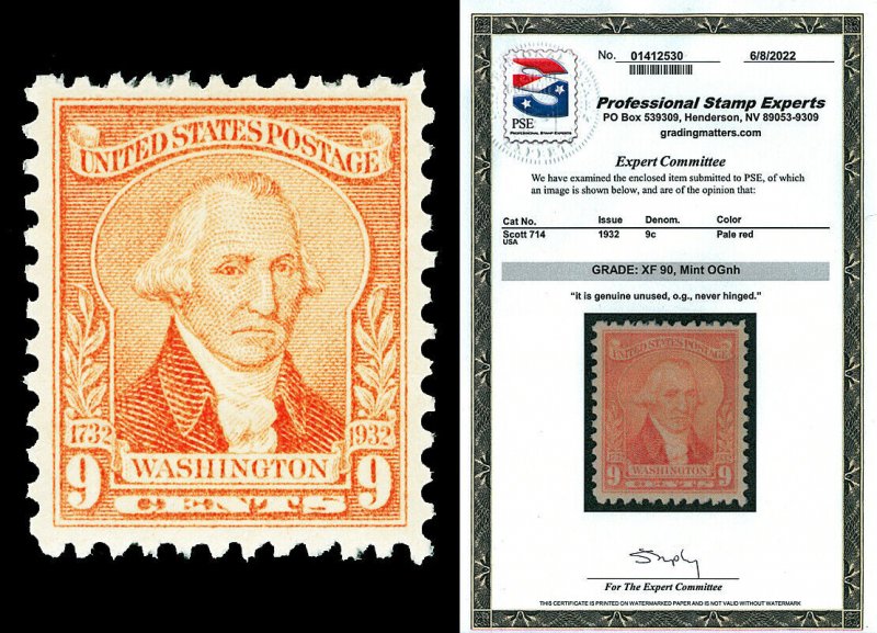 Scott 714 1932 9c Pale Red Washington Issue Mint Graded XF 90 NH with PSE CERT! 
