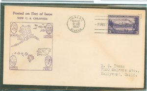 US 800 (1937) 3c Alaska(part of the US possession series) (single) on an addressed(typed) first day cover with a Roessler cachet