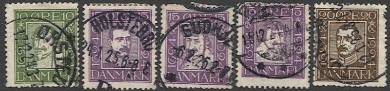 DENMARK 1924 Sc 165,168-70,175  Used VF, Danish Postal Service 300th Anniversary