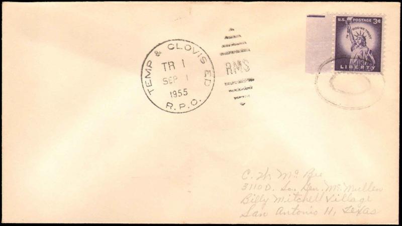 1955 TEMP & CLOVIS ED RPO RAILROAD POST OFFICE CANCEL