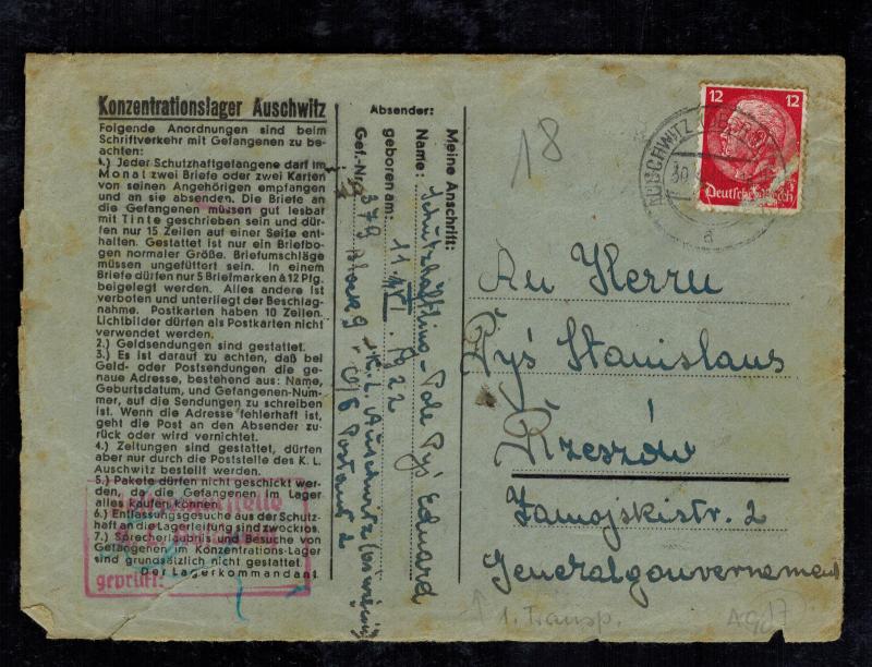 1941 Germany Auschwitz Concentration Camp Cover KZ Eduard Pys to Rzeczow