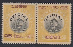 Venezuela 1899 25c on 50c o/p invert pair. M Mint. Scott O8a, SG O189Aa FORGERY