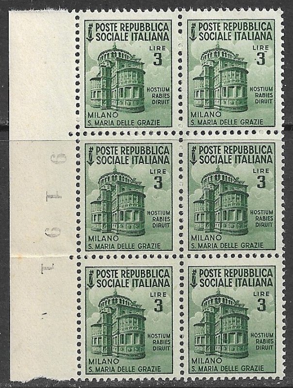 ITALIAN SOCIAL REPUBLIC 1944 3L Basilica of St Maria Sheet No Blk of 6 Sc 31 MNH