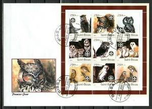 Guinea Bissau, Mi cat. 1260-1268 A. Owls sheet of 9. Large First day cover.