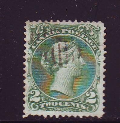 Canada  Sc 24 1868 2c grn Large Queen Victoria stamp used