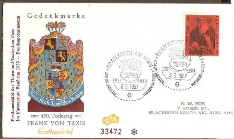 Germany 1967 Franz Von Taxis Founders of Postal System Coat of Arms Sc 971 Co...