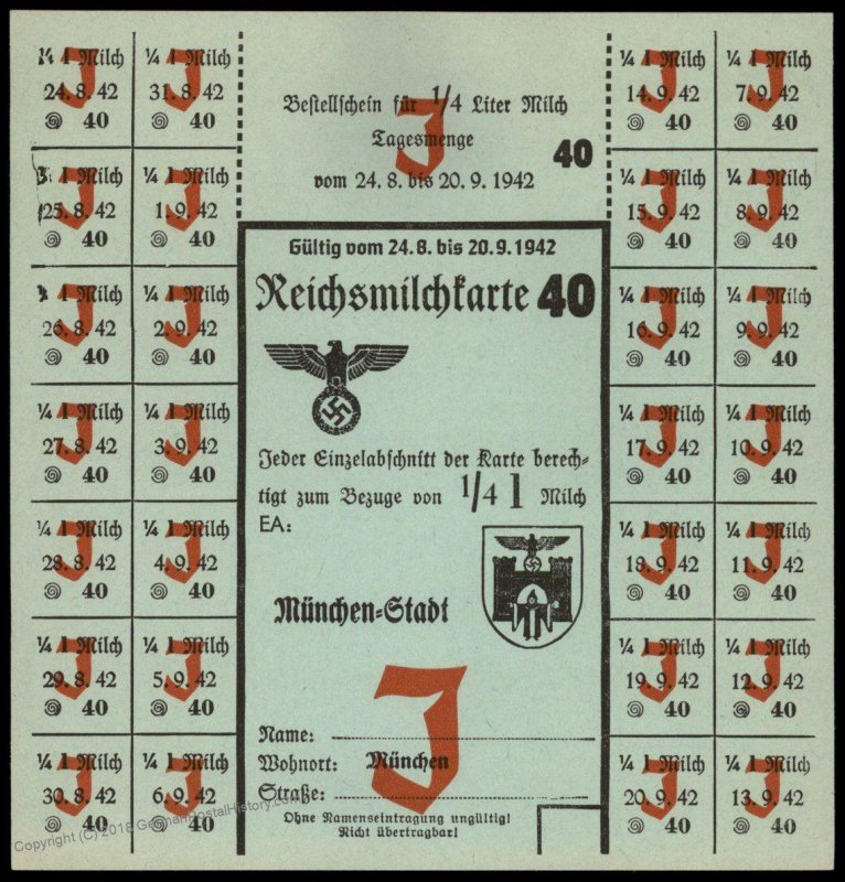 3rd Reich Germany 1942 Munich Milk Ration Card for Jewish Person 96256