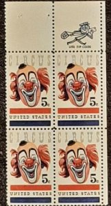 US Scott # 1309; MNH,og 5c Circus Clown issue ,1966; blk of 4;VF Centering