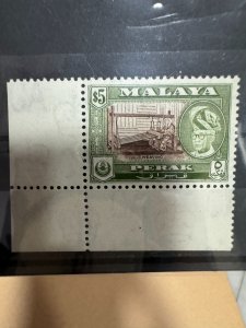 1957 - Malaya Perak Sultan $5  (Perf. 12 1/2) Corner Stamp in MNH VF Free Post.