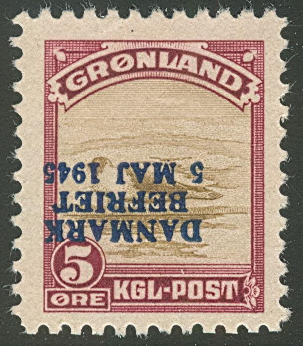 GREENLAND #20v (20v) 5ore Harp Seal, INVERTED OVPT, og, NH, VF, Facit $1,440.00