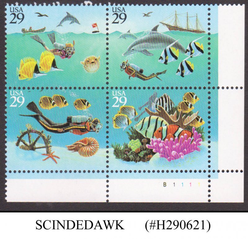 UNITED STATES USA - 1994 WONDERS OF THE SEA / FISH SE-TENANT BLK OF 4 MNH