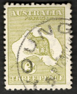 1913 Australia Sc #5 - 3 Pence Kangaroo & Map used stamp Cv$17.50