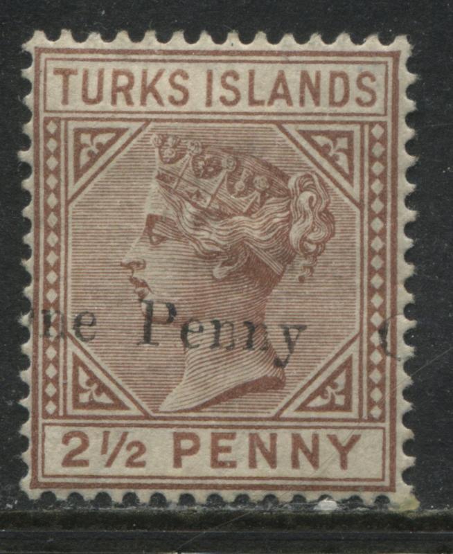 Turks Islands QV 1889 2 1/2d red brown overprinted ONE PENNY mint o.g.